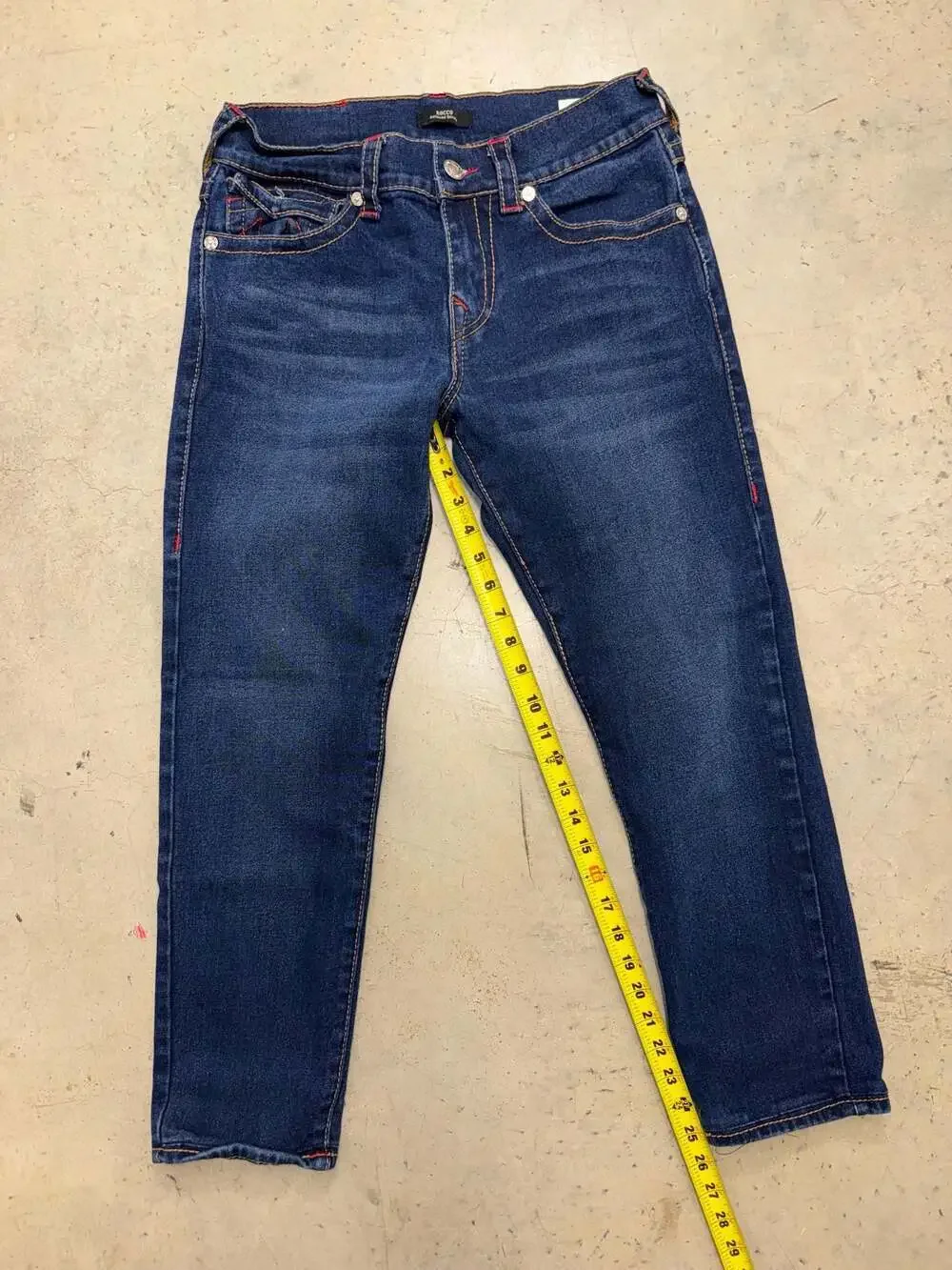True Religion Men's Rocco Relaxed Skinny Jeans Size 30 Dark Blue Red Contrast St